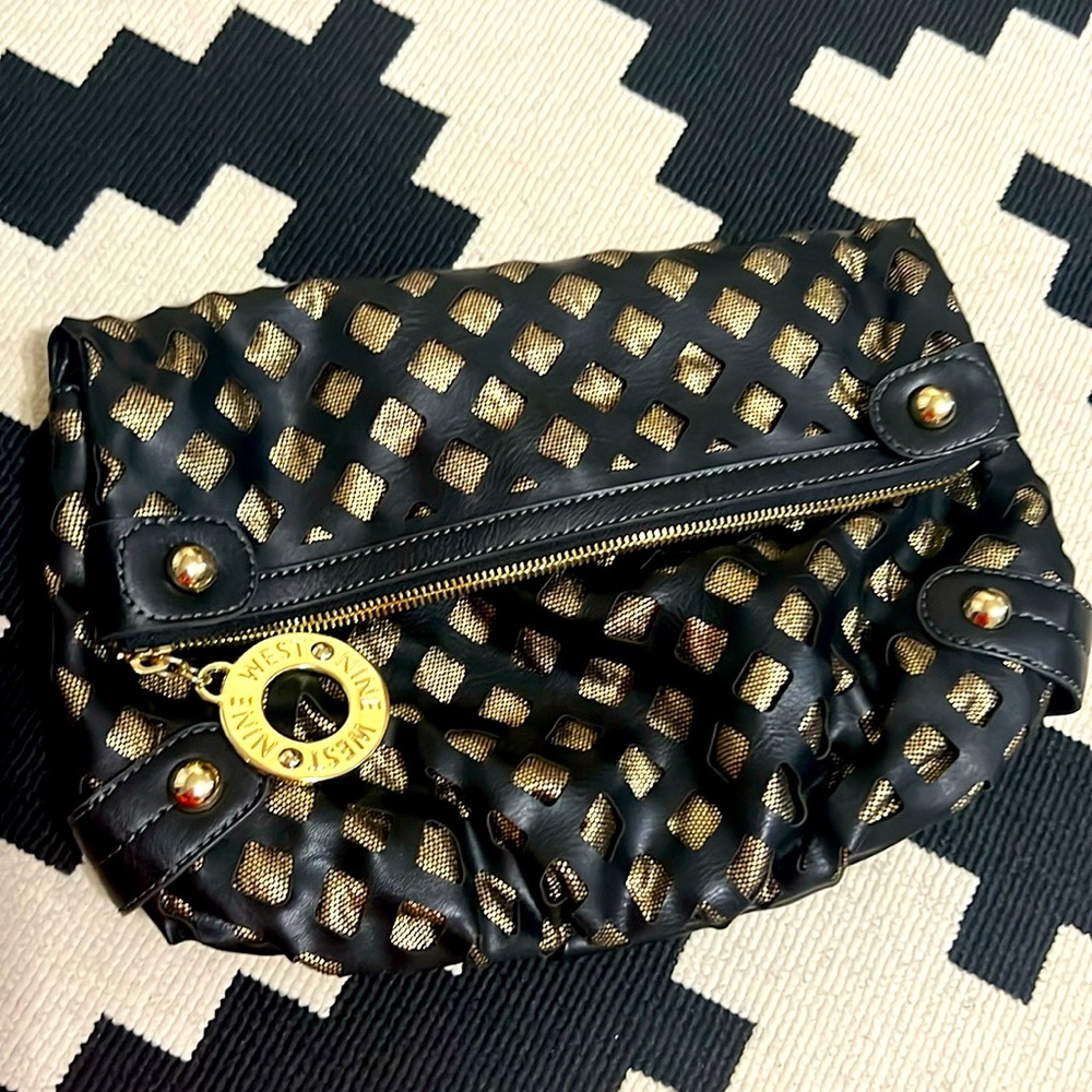 Nine West Black Gold Charm Accent Clutch Pouch